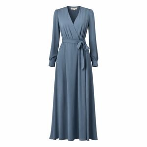 Brass & Roe L Wrap Maxi Dress Blue Long Sleeve Tie Waist Elegant Boho Women's
